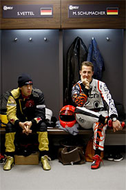 Sebastien Vettel and Michael Schumacher at Wembley before the Nations Cup